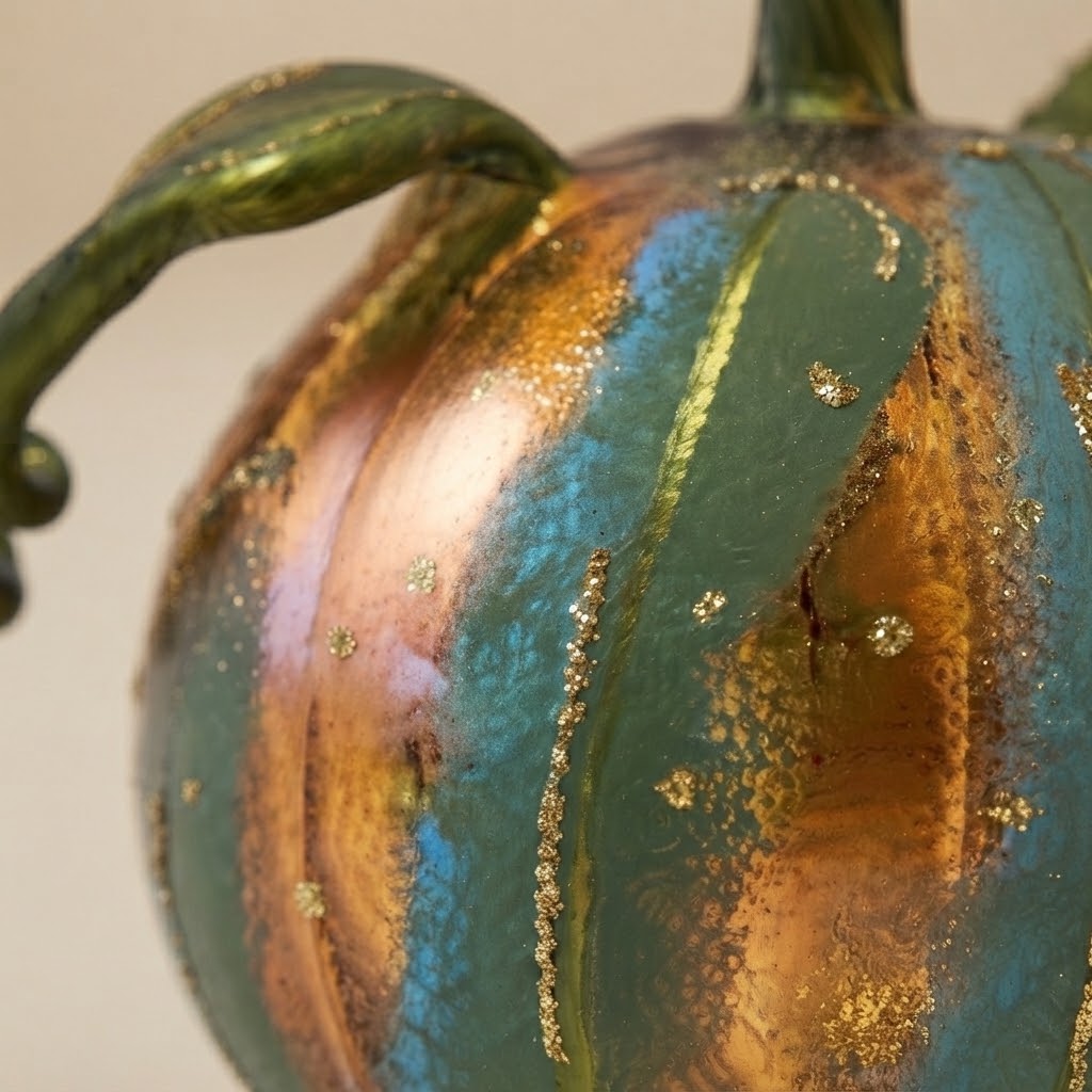 Dettaglio del viticcio in vetro verde e degli spicchi rame