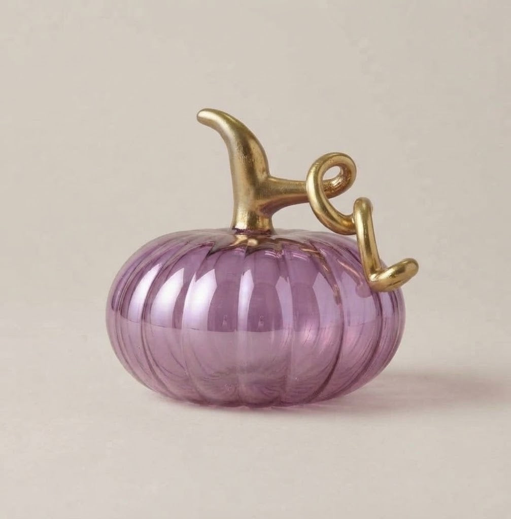 Zucca in vetro viola chiaro con picciolo e viticci oro